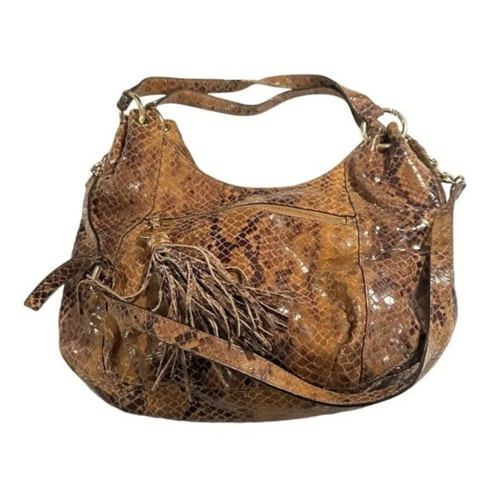 Michael Kors Hobo Purse Handbag Leather Snake Print Brown Y2K Tassle Crossbody